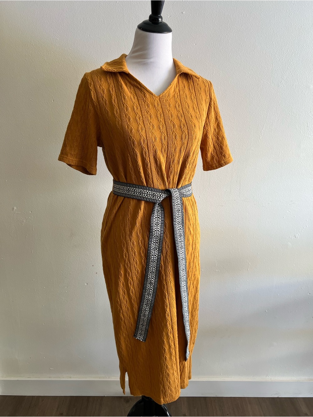 Roolee Mustard Textured V‑Neck Midi Dress with Patterned Tie Belt